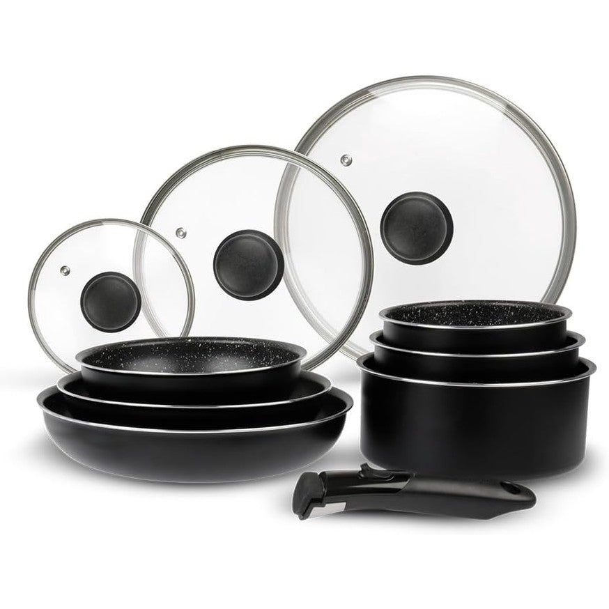 177133 - SITRAM Seti i 10 Pjesëve 713499: Tiganë dhe Tenxhere prej Alumini me Diametrat 20, 24, 28cm dhe 16, 18, 20cm, Kapakë Qelqi me Diametrat 16, 20, 24cm, dhe Dorëzë e Lëvizshme, Përshtatshme për të gjitha Sobat, Duke Përfshirë ato me Induksion.
