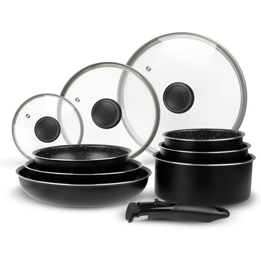 177133 - SITRAM Seti i 10 Pjesëve 713499: Tiganë dhe Tenxhere prej Alumini me Diametrat 20, 24, 28cm dhe 16, 18, 20cm, Kapakë Qelqi me Diametrat 16, 20, 24cm, dhe Dorëzë e Lëvizshme, Përshtatshme për të gjitha Sobat, Duke Përfshirë ato me Induksion.