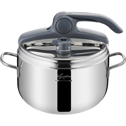 177087 - LAGOSTINA Tenxhere me Presion me Kontroll Rrezor, Kapacitet 5L, Material Çelik Inox 18/10, Ø 22 cm, Përshtatet për Induksion dhe Gaz, Kapak që Hapet Lehtë, Fund me Tre Shtresa Irradial Plus