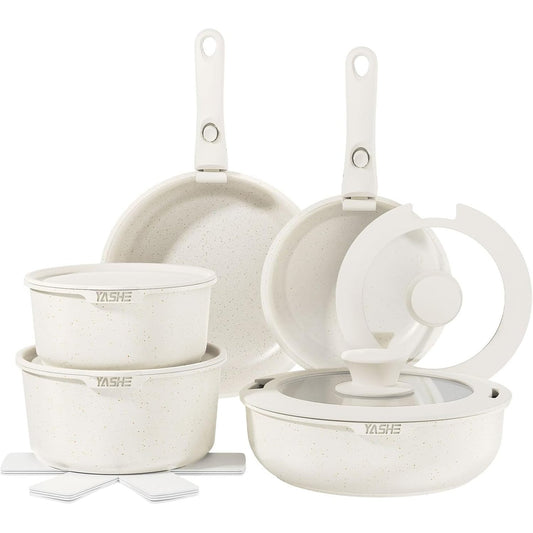 235041 - YASHE - Set enësh gatimi me 13 pjesë, shtresë graniti jo-ngjitëse, doreza të shkëputshme, të grumbullueshme, të bardha.