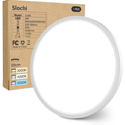 236691 - Llambë Tavani LED slochi e Sheshtë 24W 2800LM, 3 Ngjyra - 3000K/4000K/6500K, Ø30CM IP54 e Rrumbullakët e Papërshkueshme nga Uji për Banjo, e Bardhë