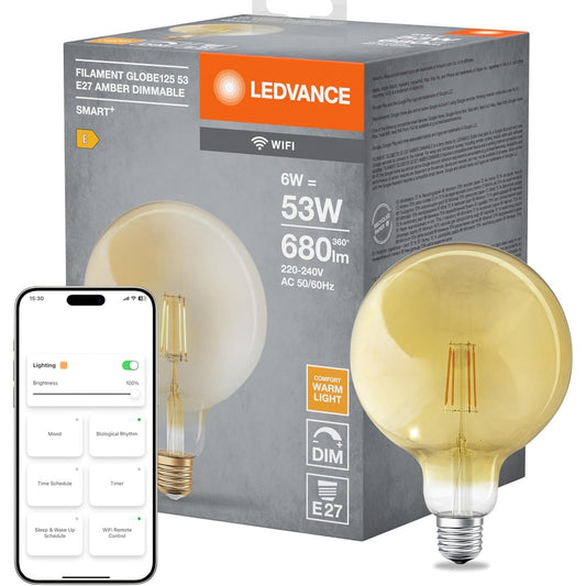 236522 - LEDVANCE Gold Llampa LED Smart 6W, 2400K, E27, 125mm x 178mm, teknologji Wi-Fi, e errësueshme në të gjithë botën përmes aplikacionit dhe asistentit zanor