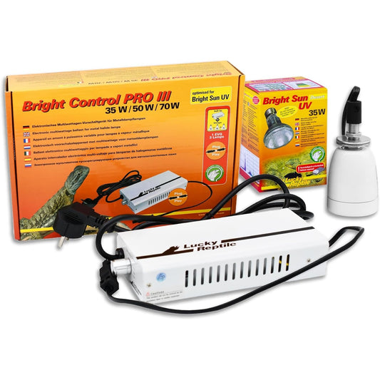 234929 - LUCKY REPTILE Set i plotë Bright Sun UV Desert, llambë halide metalike 35W me prizë dhe balast, llambë ngrohëse për reptile me prizë qeramike, 1 copë