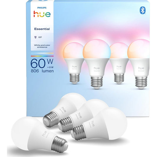 235082 - PHILIPS HUE Essential Smart LED A60, llampë LED e bardhë dhe me ngjyra, prizë E27, 8W, 2200K-6500K, 806 Lumen, me errësim, e përputhshme me Alexa, Google Assistant, Apple Home, pako me 4 copë