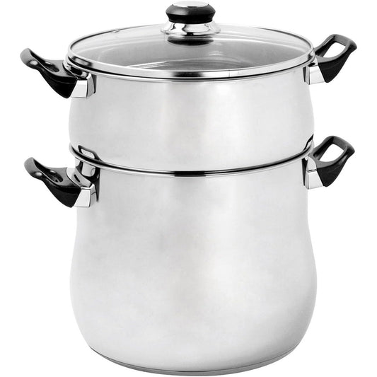 235050 - CREALYS Tenxhere Kuskusi prej çeliku inox 12 litra, Diametër 24 cm, doreza rezistente ndaj nxehtësisë, kapak qelqi, i përshtatshëm për të gjitha sobat, i zi