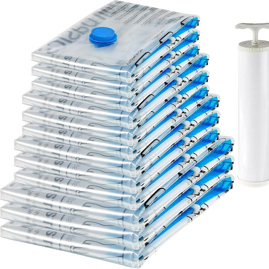 238431 - AMAZON BASICS Qese me vakum për rroba me valvul hermetik dhe pompë dore - 12 copë (3 x Jumbo, 3 x të mëdha, 3 x të mesme, 3 x të vogla), transparente