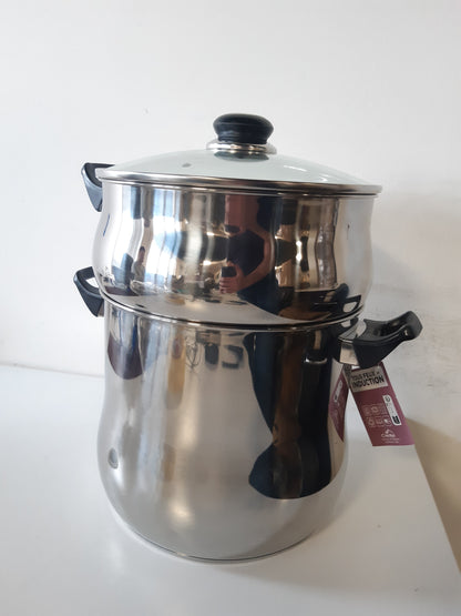 235050 - CREALYS Tenxhere Kuskusi prej çeliku inox 12 litra, Diametër 24 cm, doreza rezistente ndaj nxehtësisë, kapak qelqi, i përshtatshëm për të gjitha sobat, i zi