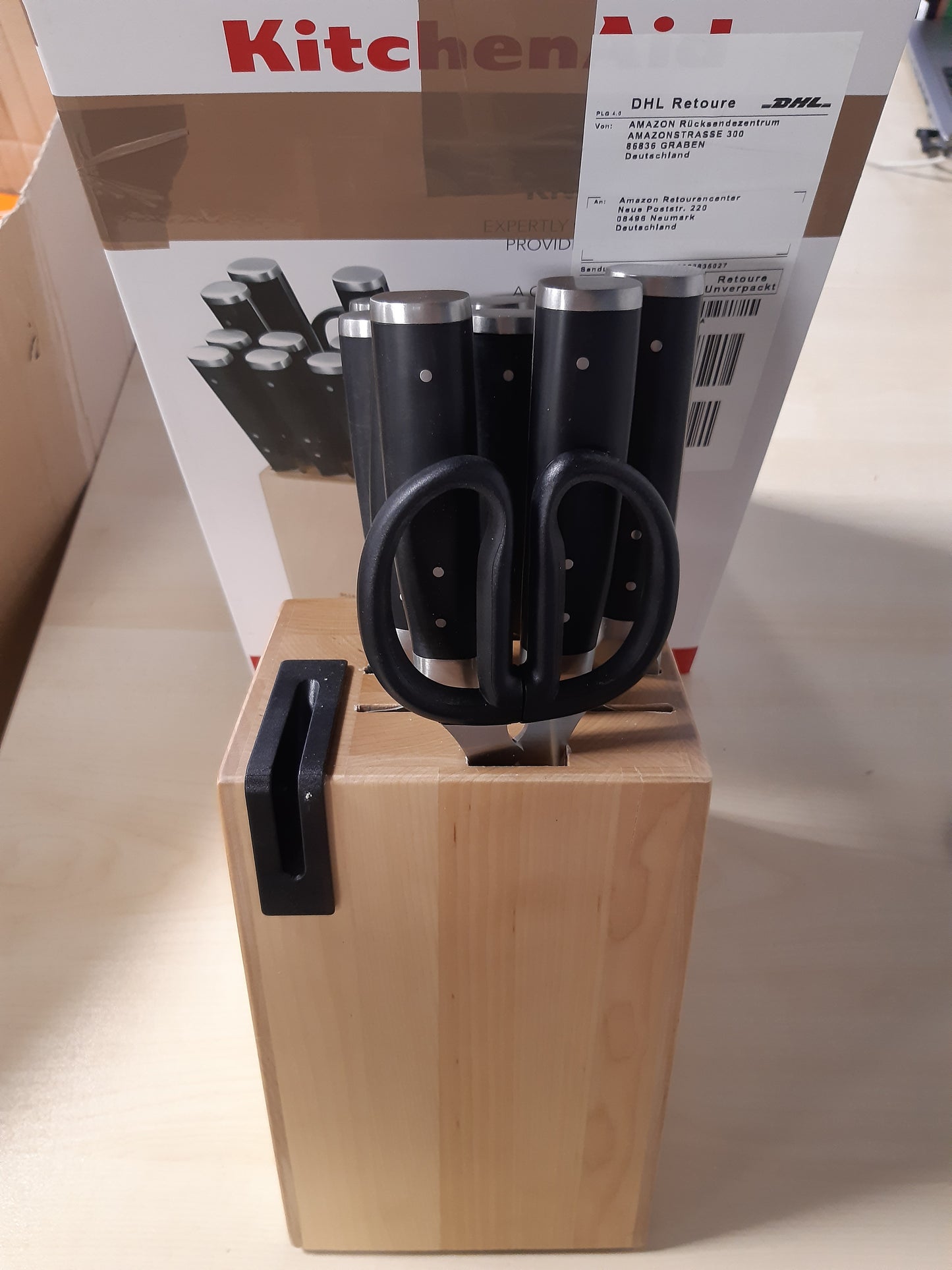 177096 - KITCHENAID - Set i 11 pjesëve të thikave Japoneze, Mbrojtëse çeliku, Bllok druri Birchwood, Gourmet